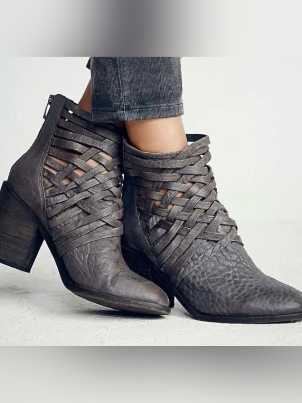 Free people Carrera leather Woven Strap Ankle Booties - Gray new no box